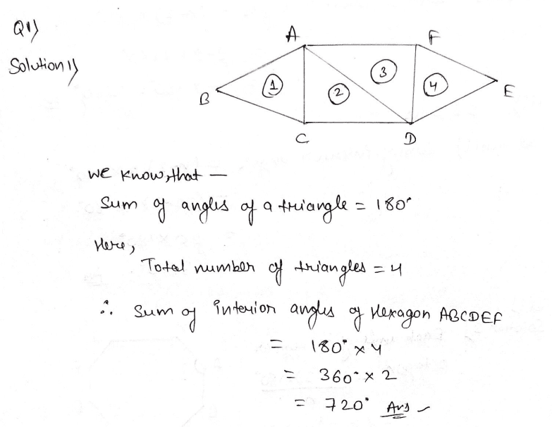 Find the sum of interior angles of hexagon ABCDEF by dividing it into triangles.