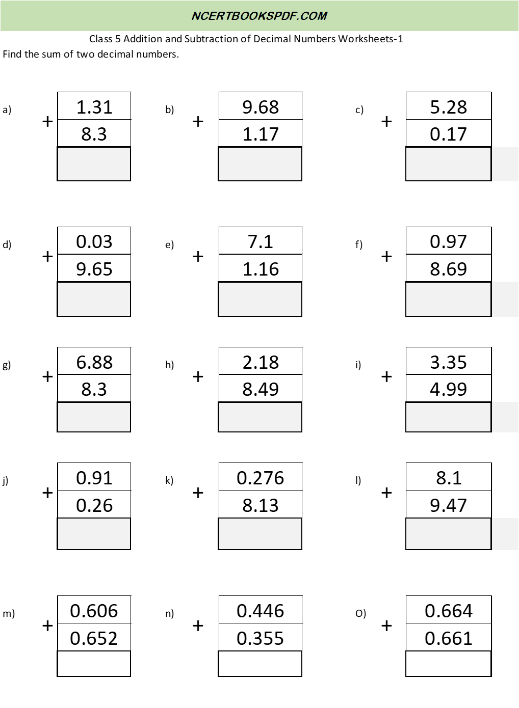 Class 5 Addition and Subtraction of Decimal Numbers Worksheets