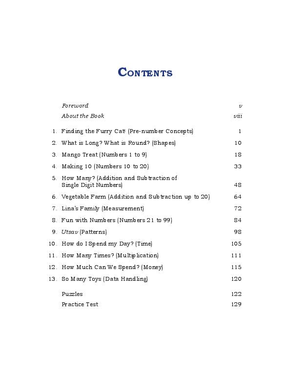 CG Board Class 1 Books PDF Download (2026-27 English & Hindi Medium) Contents page of Joyful Mathematics, CG Board Class 1 textbook 2026-27