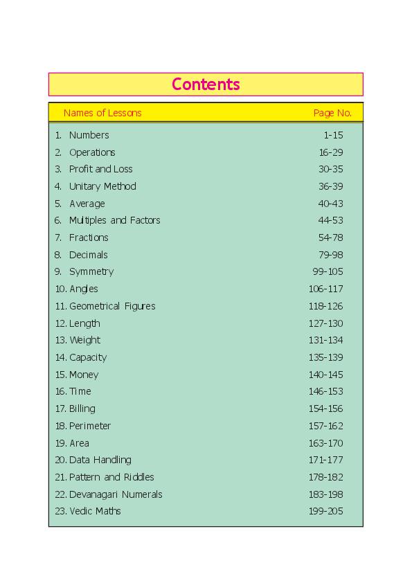 Contents page of Class 5 Mathematics, CG Board Class 5 textbook 2026-27