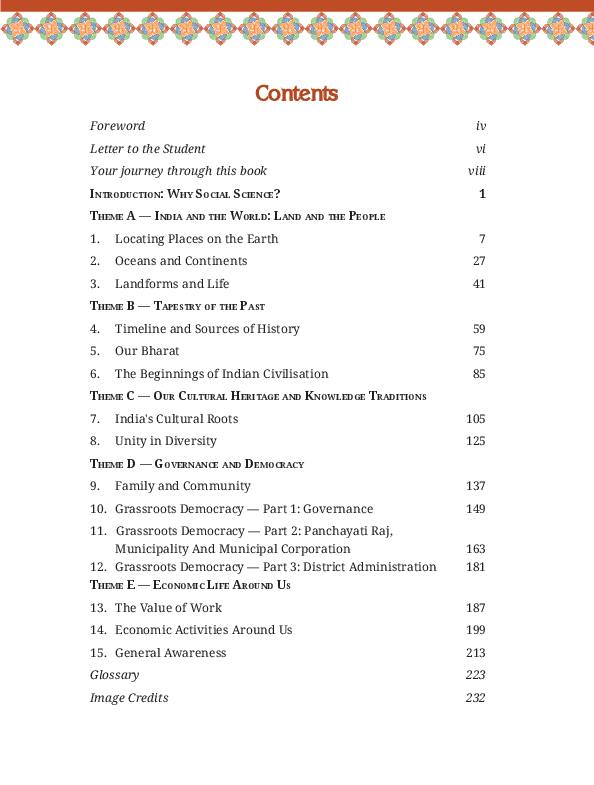 Contents page of Exploring Society: India & Beyond, CG Board Class 6 textbook 2026-27