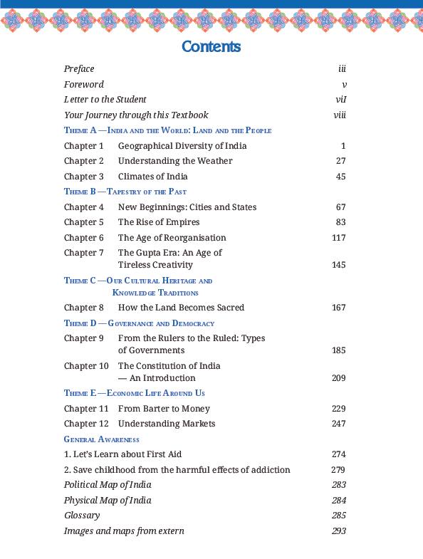 CG Board Class 7 Books PDF Download (2026-27 English & Hindi Medium) Contents page of Exploring Society: India & Beyond, CG Board Class 7 textbook 2026-27