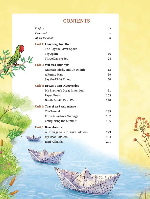 CG Board Class 7 Books PDF Download (2026-27 English & Hindi Medium) Contents page of Poorvi English Reader, CG Board Class 7 textbook 2026-27