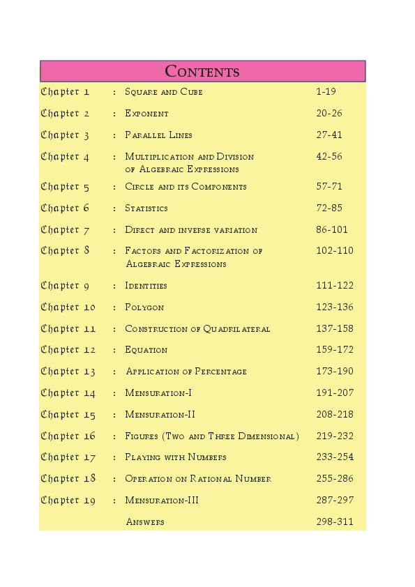 CG Board Class 8 Books PDF Download (2026-27 English & Hindi Medium) Contents page of Class 8 Mathematics, CG Board Class 8 textbook 2026-27