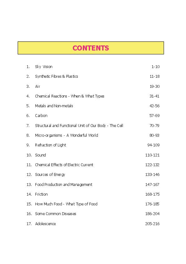 CG Board Class 8 Books PDF Download (2026-27 English & Hindi Medium) Contents page of Class 8 Science & Technology, CG Board Class 8 textbook 2026-27