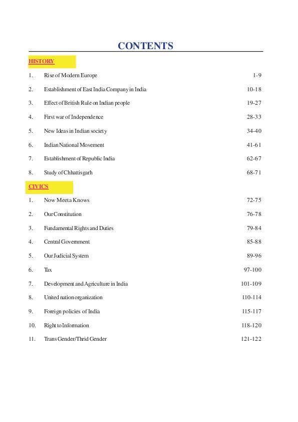 CG Board Class 8 Books PDF Download (2026-27 English & Hindi Medium) Contents page of Class 8 Social Science Part 1: History and Civics, CG Board Class 8 textbook 2026-27