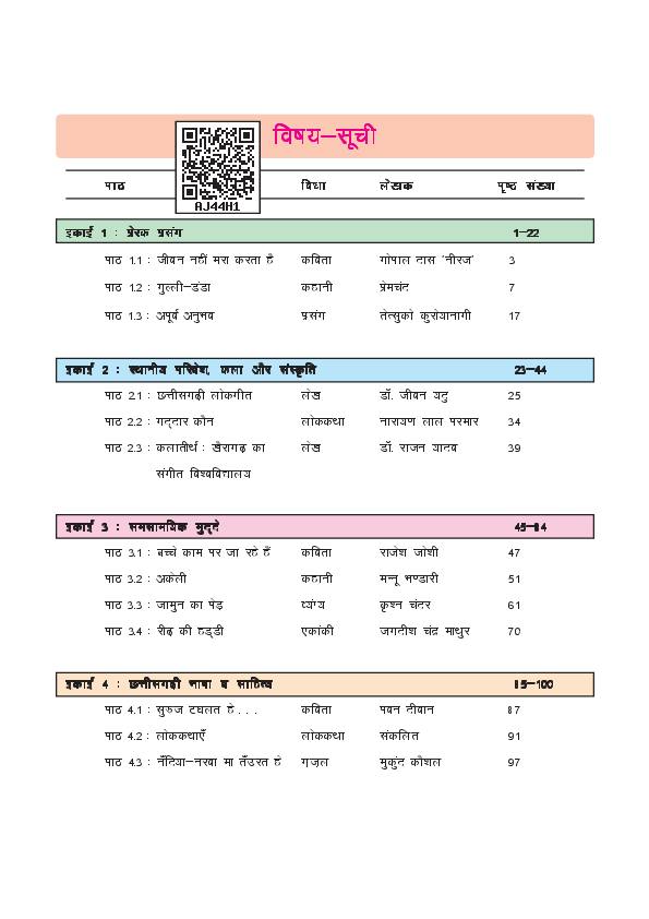 Contents page of Class 9 Hindi, CG Board Class 9 textbook 2026-27