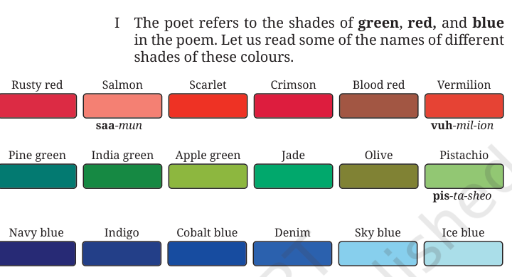 NCERT Class 9 English Kaveri Chapter 3 Canvas of Soil Shades of Green, Red, and Blue Colour Chart